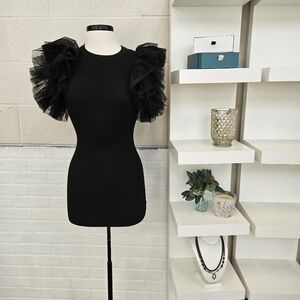 Ribbed Dress With Tulle Sleeve
